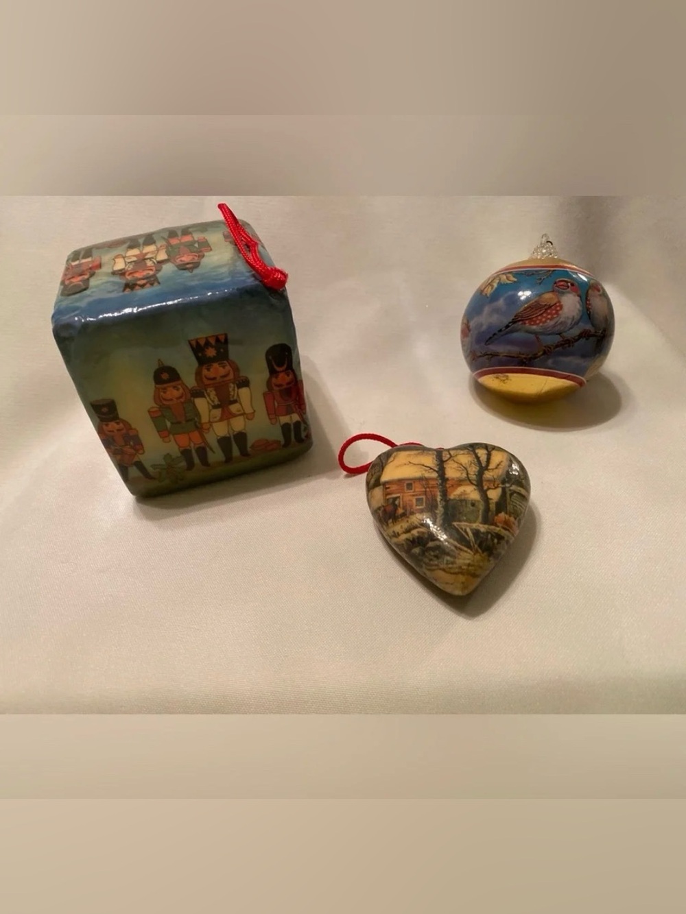 Vintage Ornaments 2 Paper Mache Decoupage 1 Four Colly Birds Ornament Lot of 3